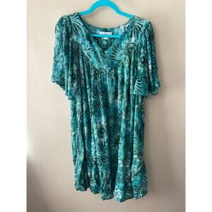 Go Softly Green Floral Housedress Caftan Size Petite Medium